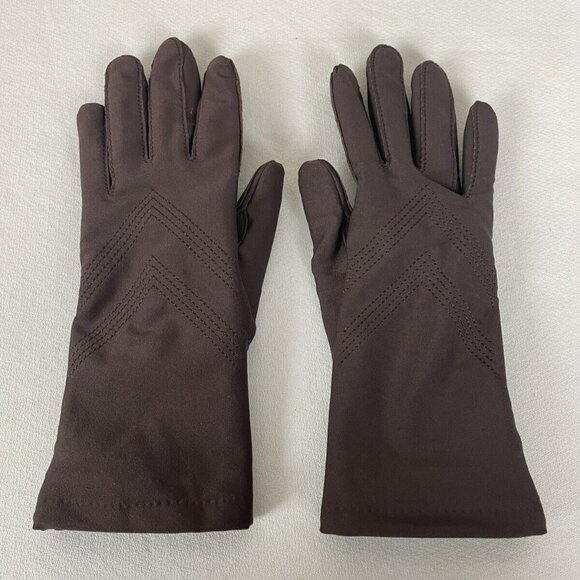 Vintage Isotoner Brown Nylon Leather Trim Driving Gloves Women One Size - Picture 2 of 8